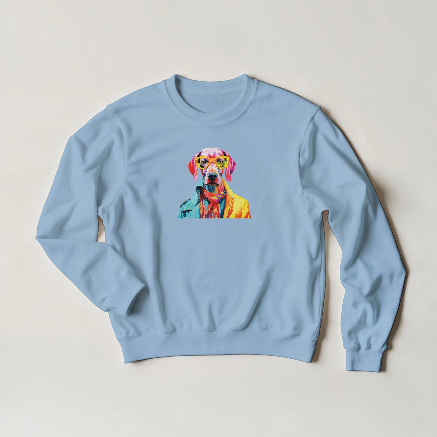 Gent Dog Jumper: women's graphic sweatshirt, light blue, colorful dog with glasses.