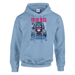 Monkey DJ men's graphic hoodie in light blue cotton-poly blend with bold monkey DJ art, sizes S–XL.