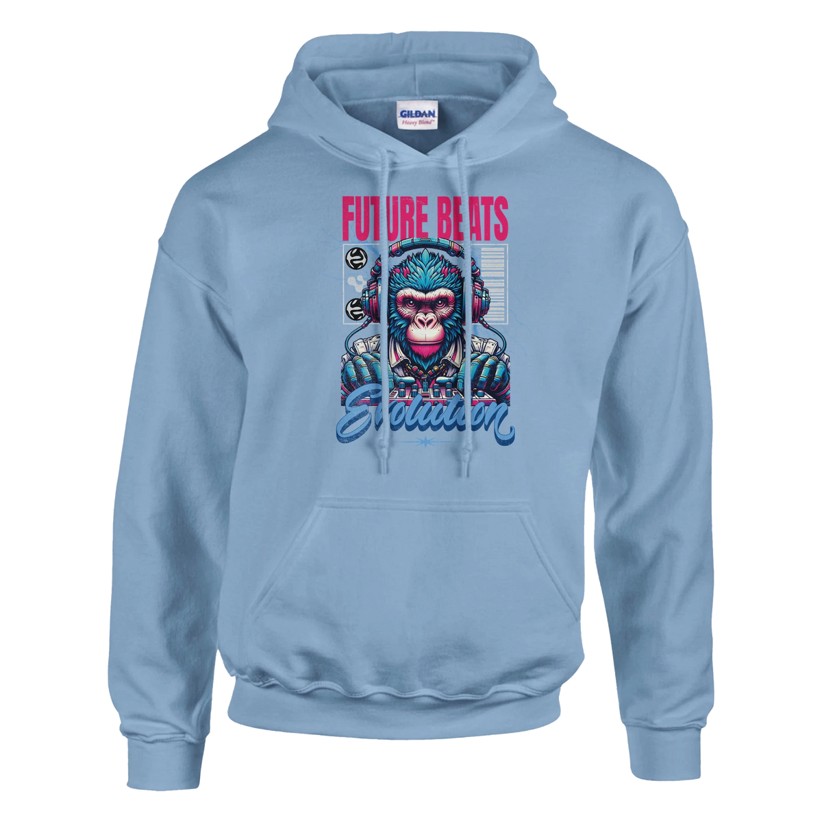 Monkey DJ men's graphic hoodie in light blue cotton-poly blend with bold monkey DJ art, sizes S–XL.