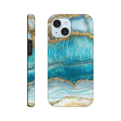Blue agate tough iPhone case featuring a teal and gold marble layout with protective street-ready edges for models 13 through 16.