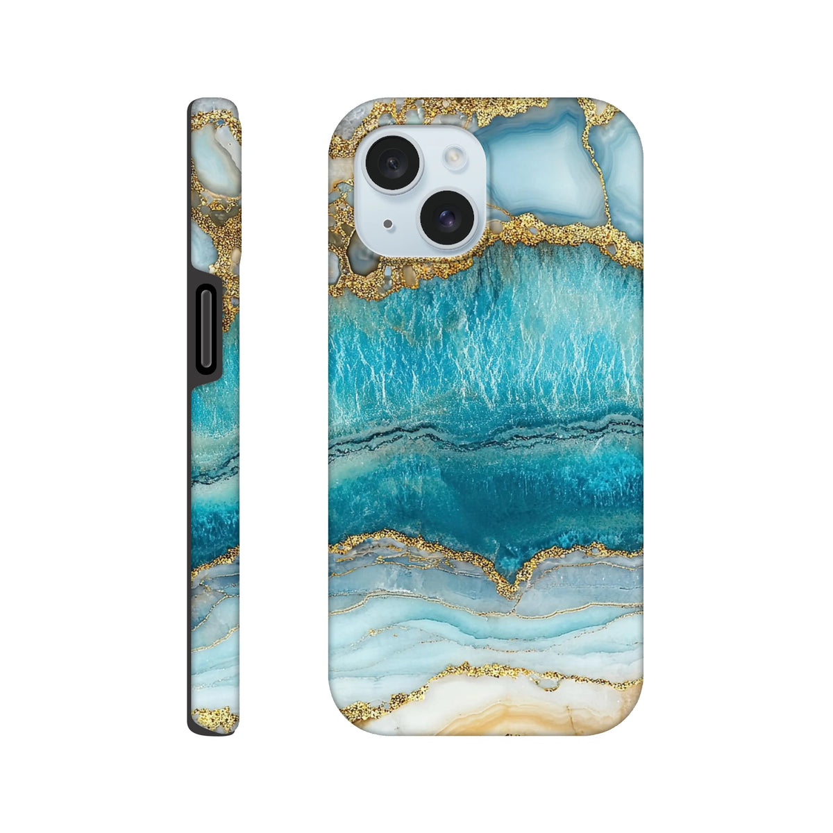 Blue agate tough iPhone case featuring a teal and gold marble layout with protective street-ready edges for models 13 through 16.