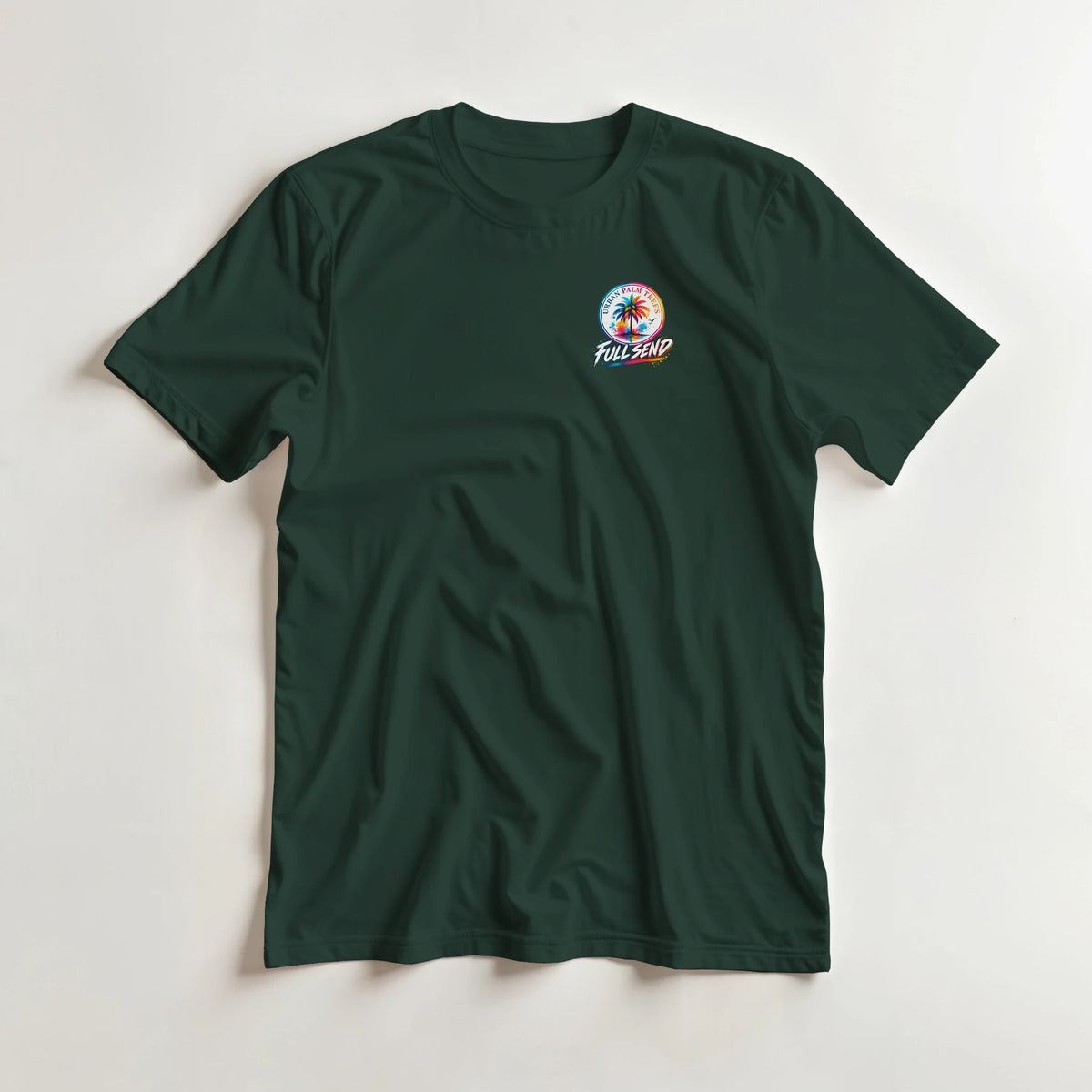 Dark green graphic tee featuring a colorful "Full Send" palm tree logo on the chest for modified car culture streetwear.