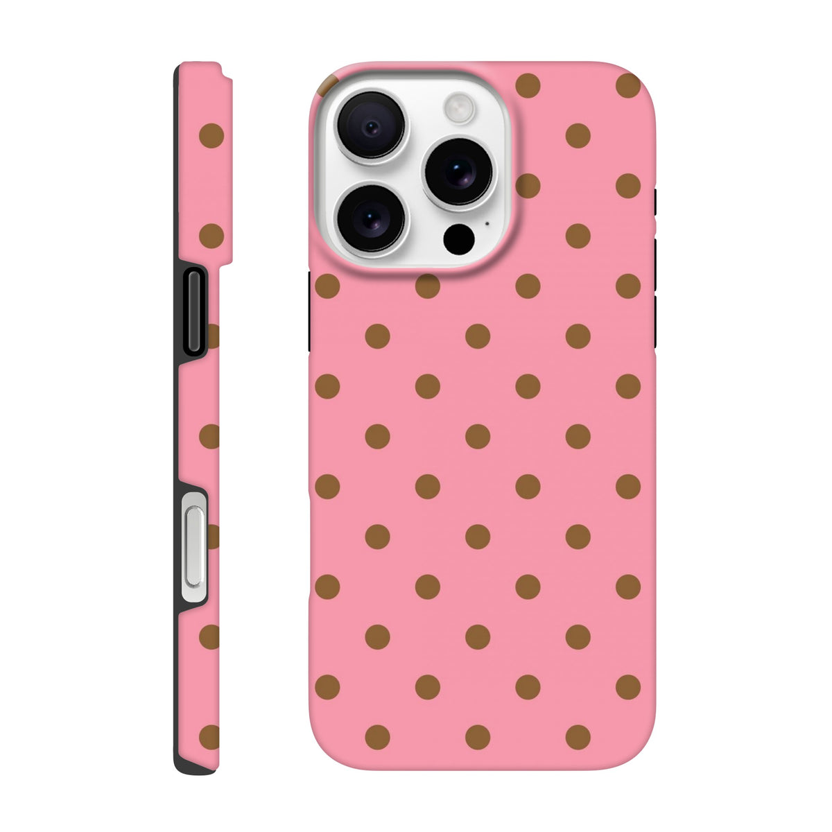 Pink & brown polka dot tough iPhone case featuring cute dual-layer protection with shock-absorbing TPU and glossy finish.
