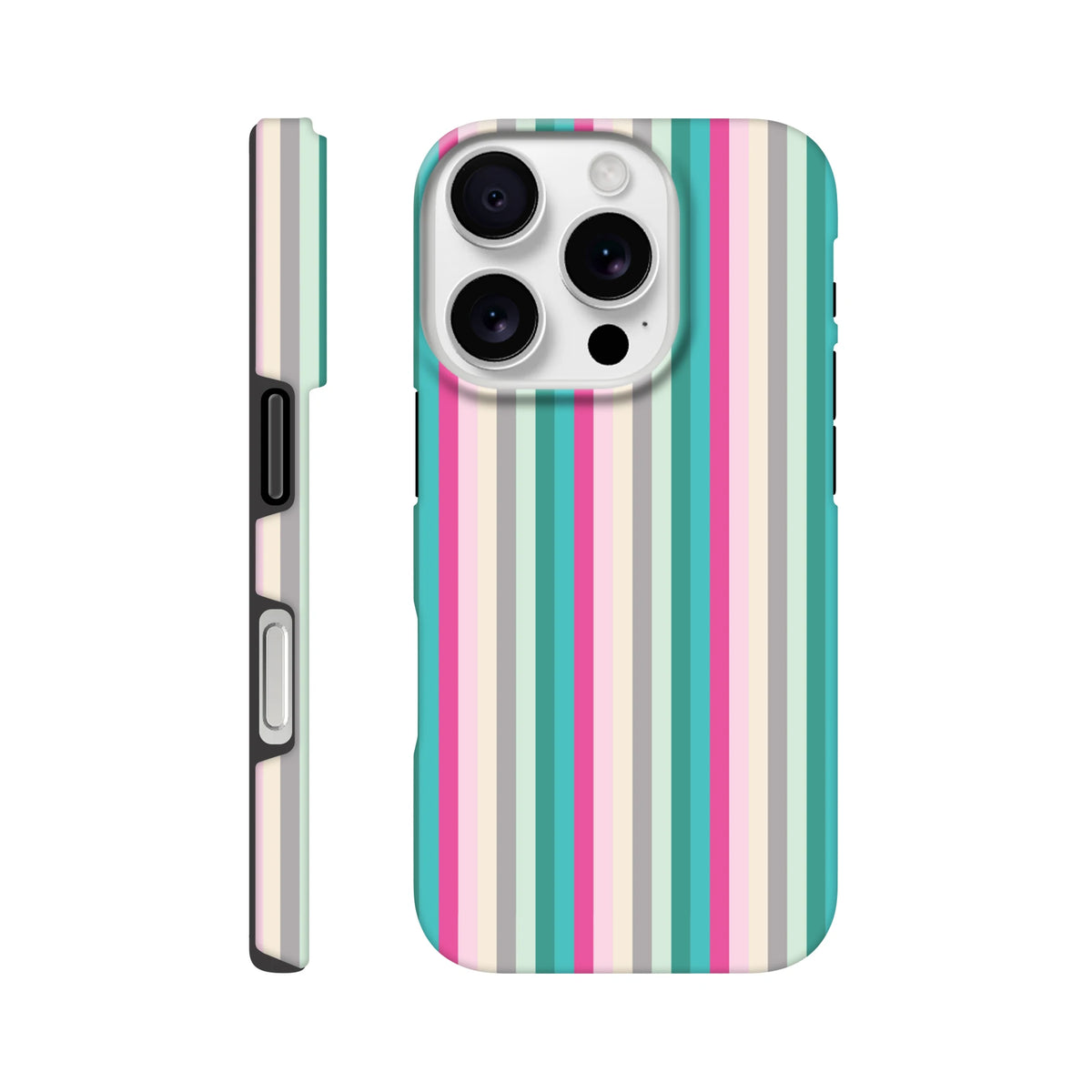 Retro vertical stripe iPhone case in pink and aqua pastels. Durable phone cover with street-ready protection and vintage city aesthetic.