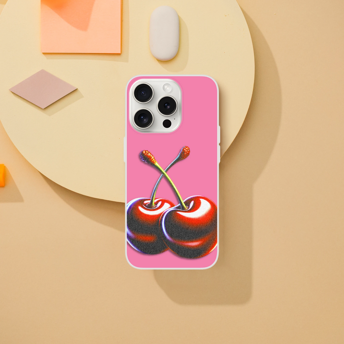 Retro Cherries iPhone Case (13-16) in pink with cherry artwork, Y2K aesthetic, slim matte finish, TPU protection.