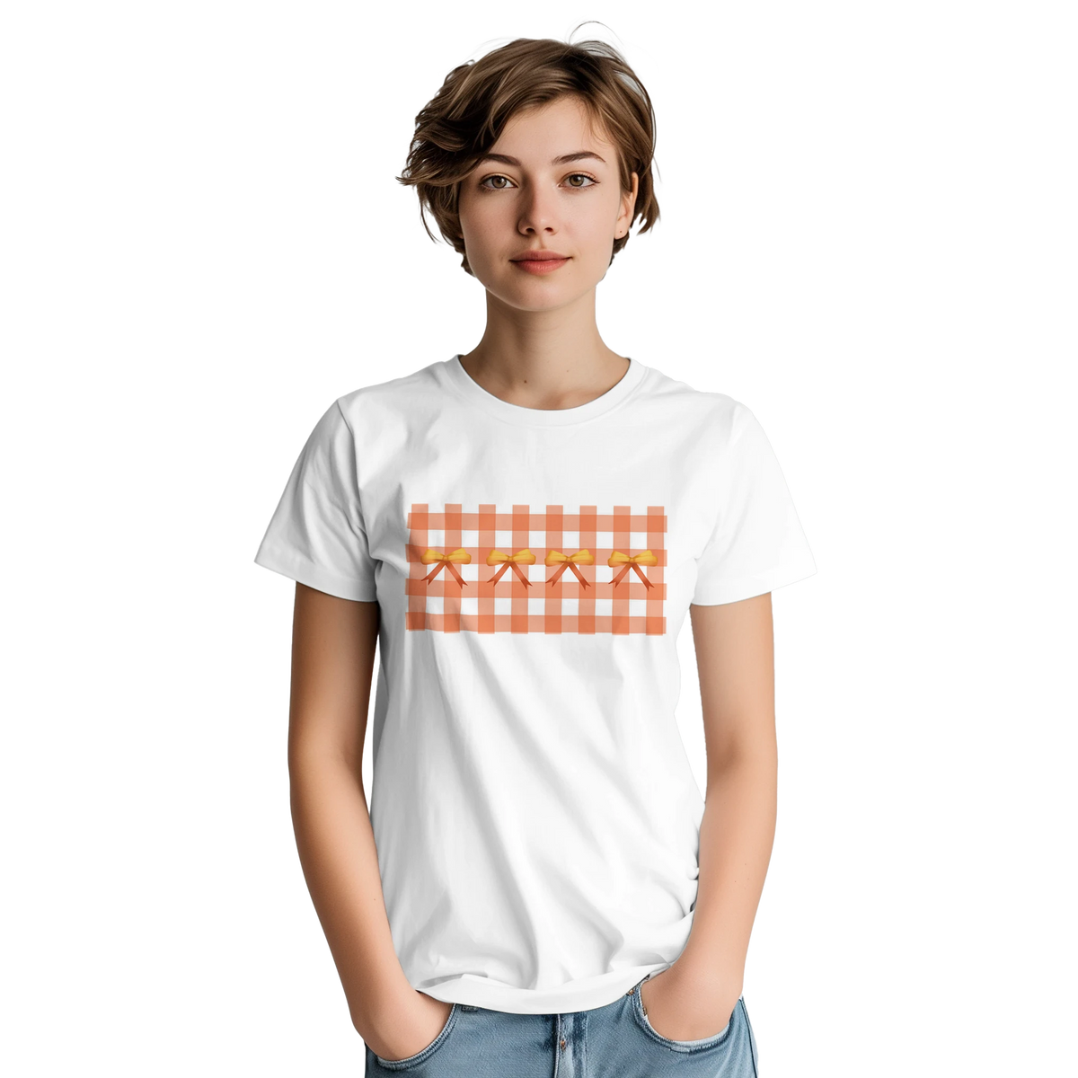 Woman wearing white T-shirt with orange gingham pattern and bow accents, Coquette aesthetic tee.