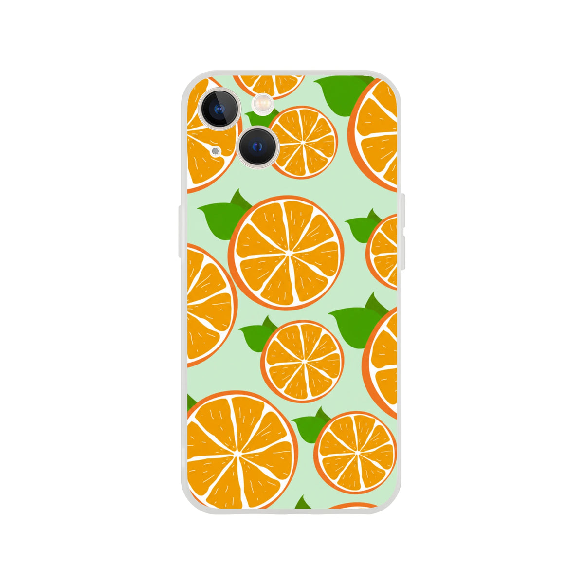 Citrus orange slice patterned iPhone case on mint green background with frosted matte finish.