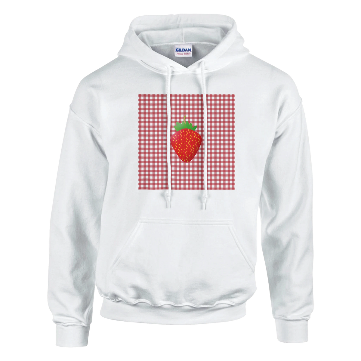 White hoodie featuring a retro red gingham square with a bold vintage strawberry graphic for a nostalgic urban style.