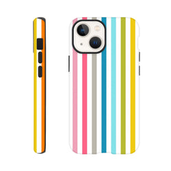 Retro rainbow multicolour stripe tough iPhone case showing back and side view with vibrant vertical lines