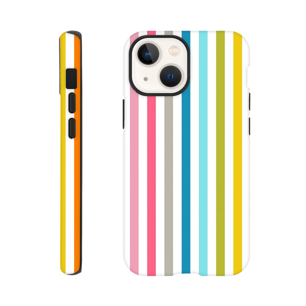 Retro rainbow multicolour stripe tough iPhone case showing back and side view with vibrant vertical lines