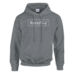 Gray women's hoodie with front pouch pocket and 'Rare Find' slogan in a white rectangular frame.