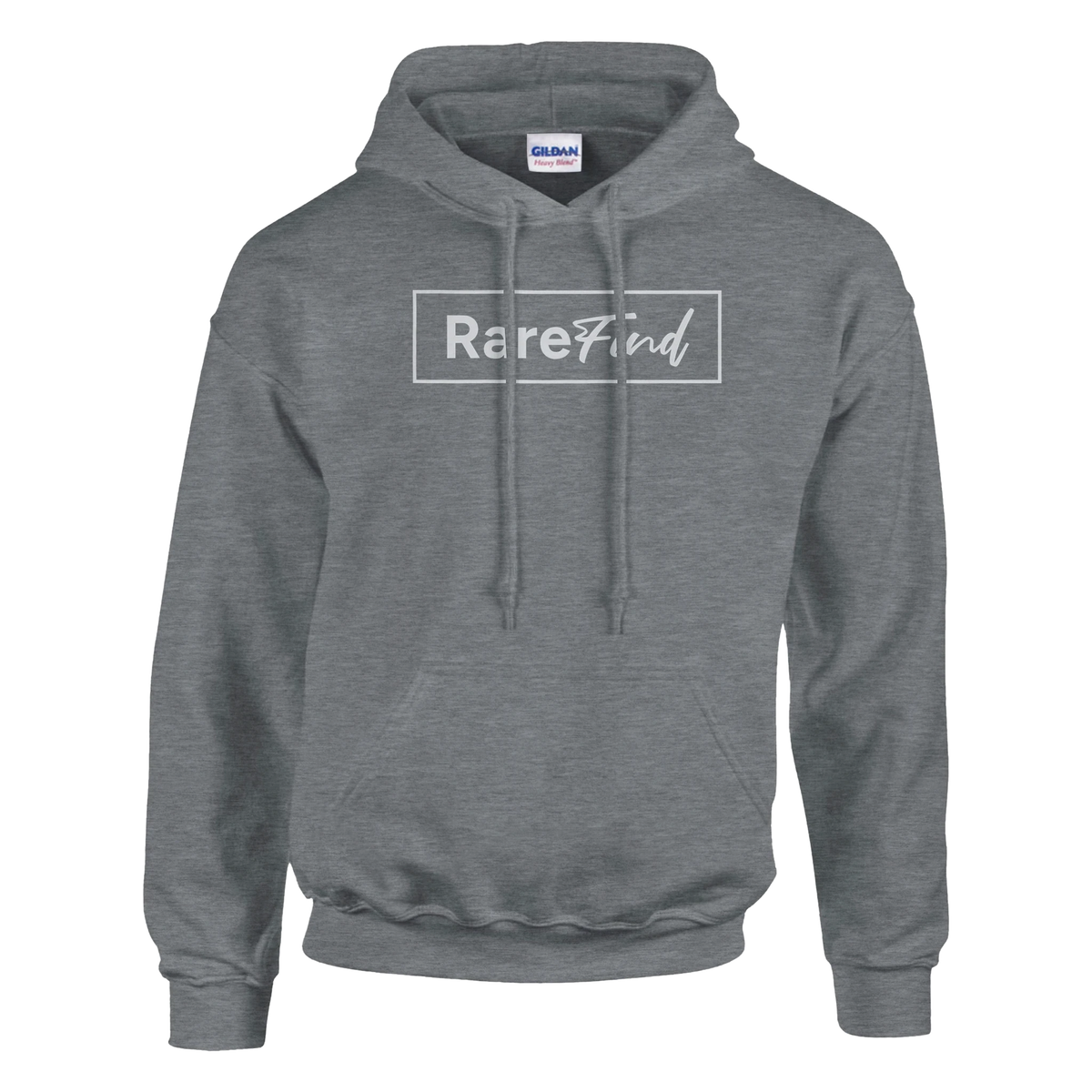 Gray women's hoodie with front pouch pocket and 'Rare Find' slogan in a white rectangular frame.