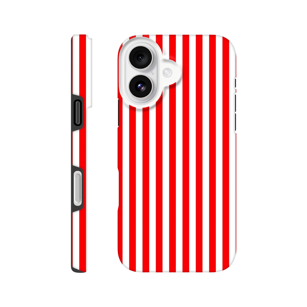 Retro red and white vertical striped tough iPhone case with wraparound design and rugged side buttons for 13-16 models.