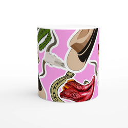 Pink Western Cowboy ceramic mug with boots, cactus and horseshoe designs.