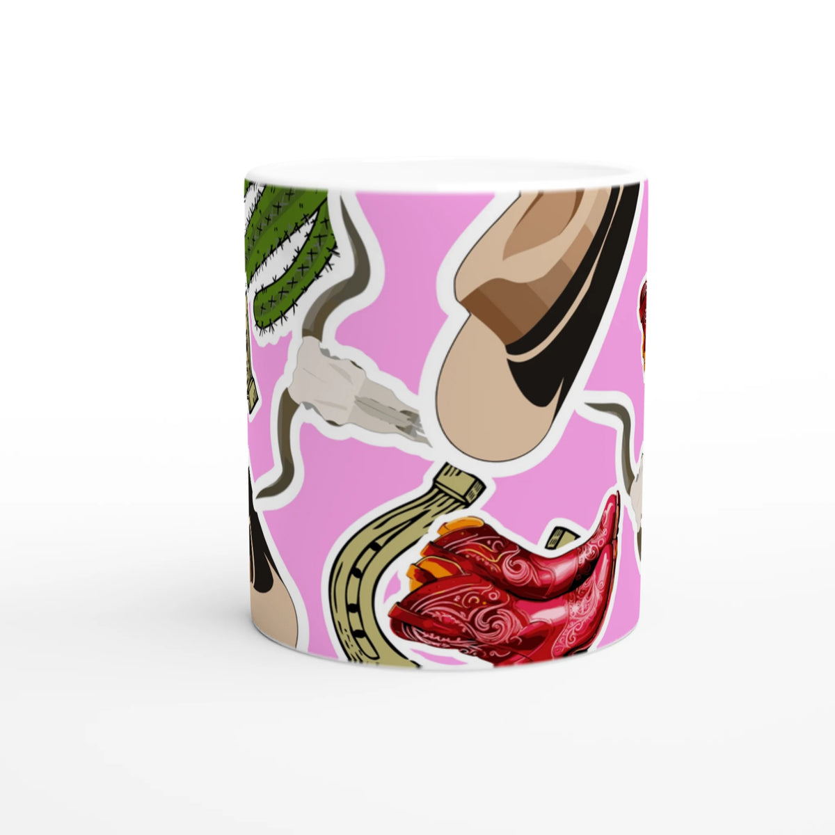 Pink Western Cowboy ceramic mug with boots, cactus and horseshoe designs.