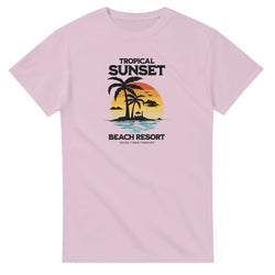 Pink Sunset graphic tee with palm trees and beach sunset on a soft cotton blend women's shirt (S–XL).