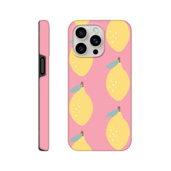 Pink iPhone case featuring a cute yellow lemon pattern with green leaves. Tough protective cover for iPhone 13-16 street style.
