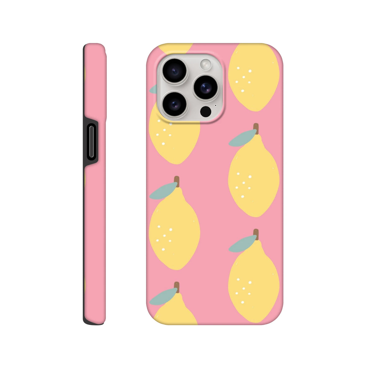 Pink iPhone case featuring a cute yellow lemon pattern with green leaves. Tough protective cover for iPhone 13-16 street style.