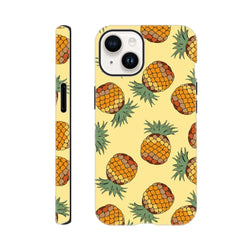 Yellow pineapple print iPhone case with tropical fruit pattern providing tough impact protection for daily carry.