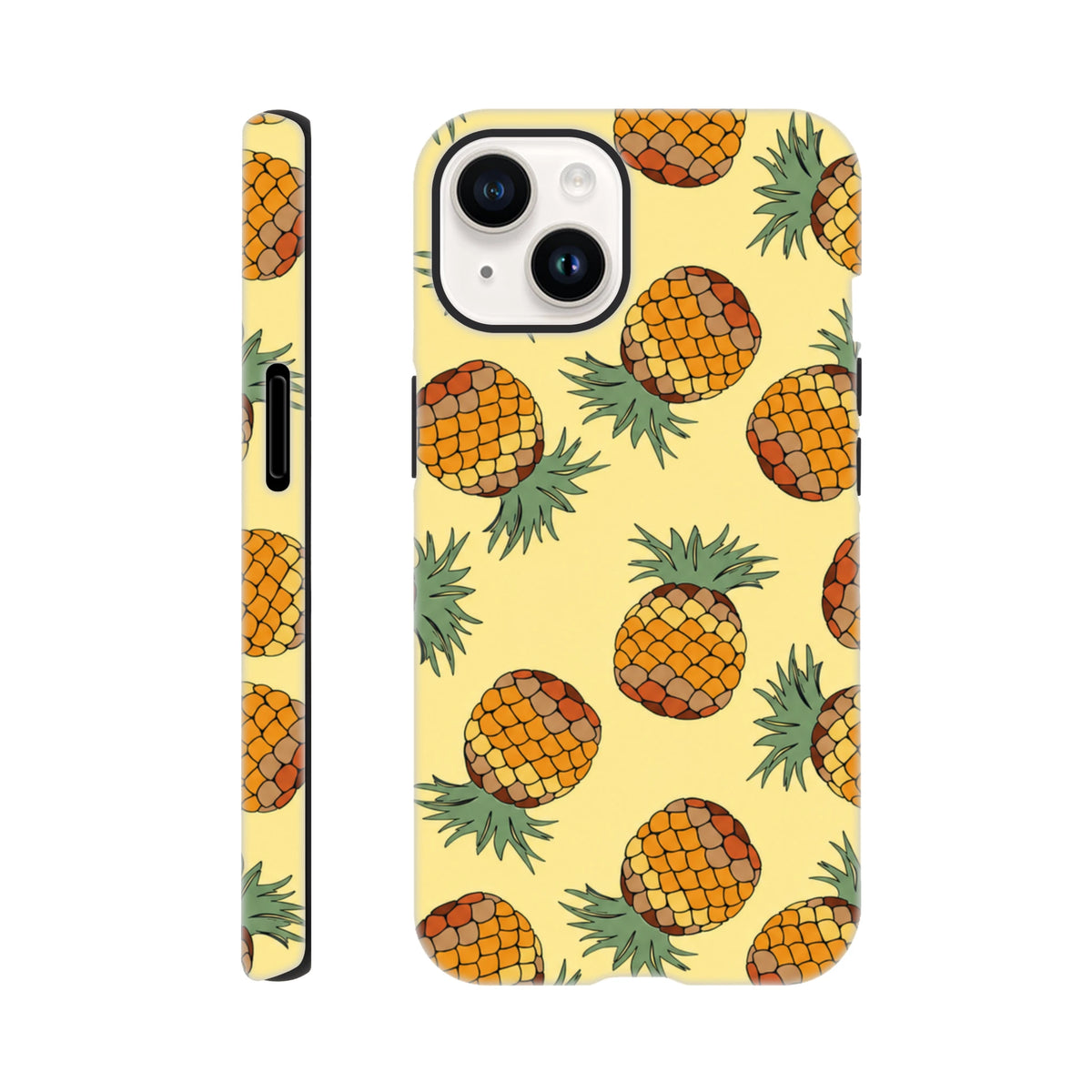 Yellow pineapple print iPhone case with tropical fruit pattern providing tough impact protection for daily carry.