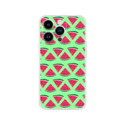 Cute summer watermelon slice pattern iPhone case with light green background and transparent edges for models 13-16.
