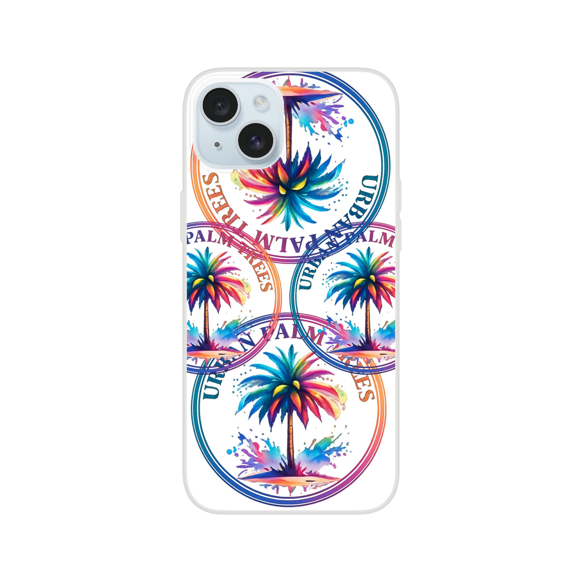 Urban Palm Trees iPhone Case (13-16) Retro Aesthetic with palm art, matte finish, slim shock-absorbing TPU cover.