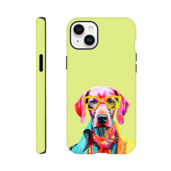 Vivid lime green iPhone case featuring a colorful pop art dog wearing yellow glasses, a scarf, and a jacket.