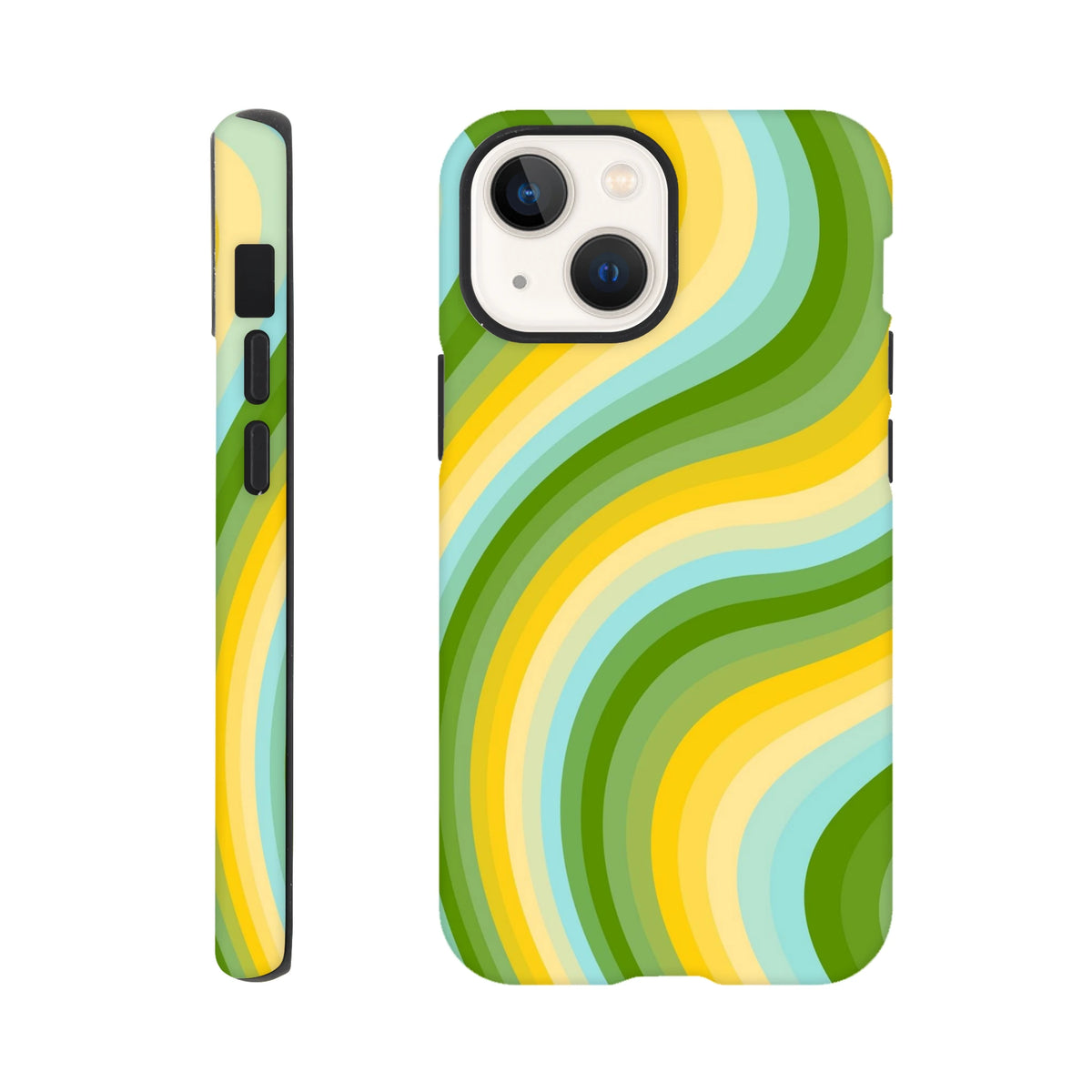Green and yellow retro wave iPhone case featuring bold Y2K wavy stripes for a tough, nostalgic streetwear look.