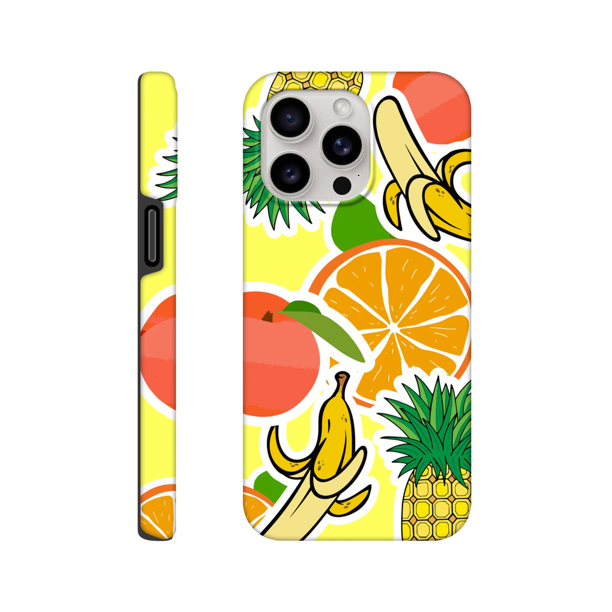 Tough iPhone case featuring bold yellow tropical fruit sticker design with orange, banana, and pineapple graphics wrapping the edges.