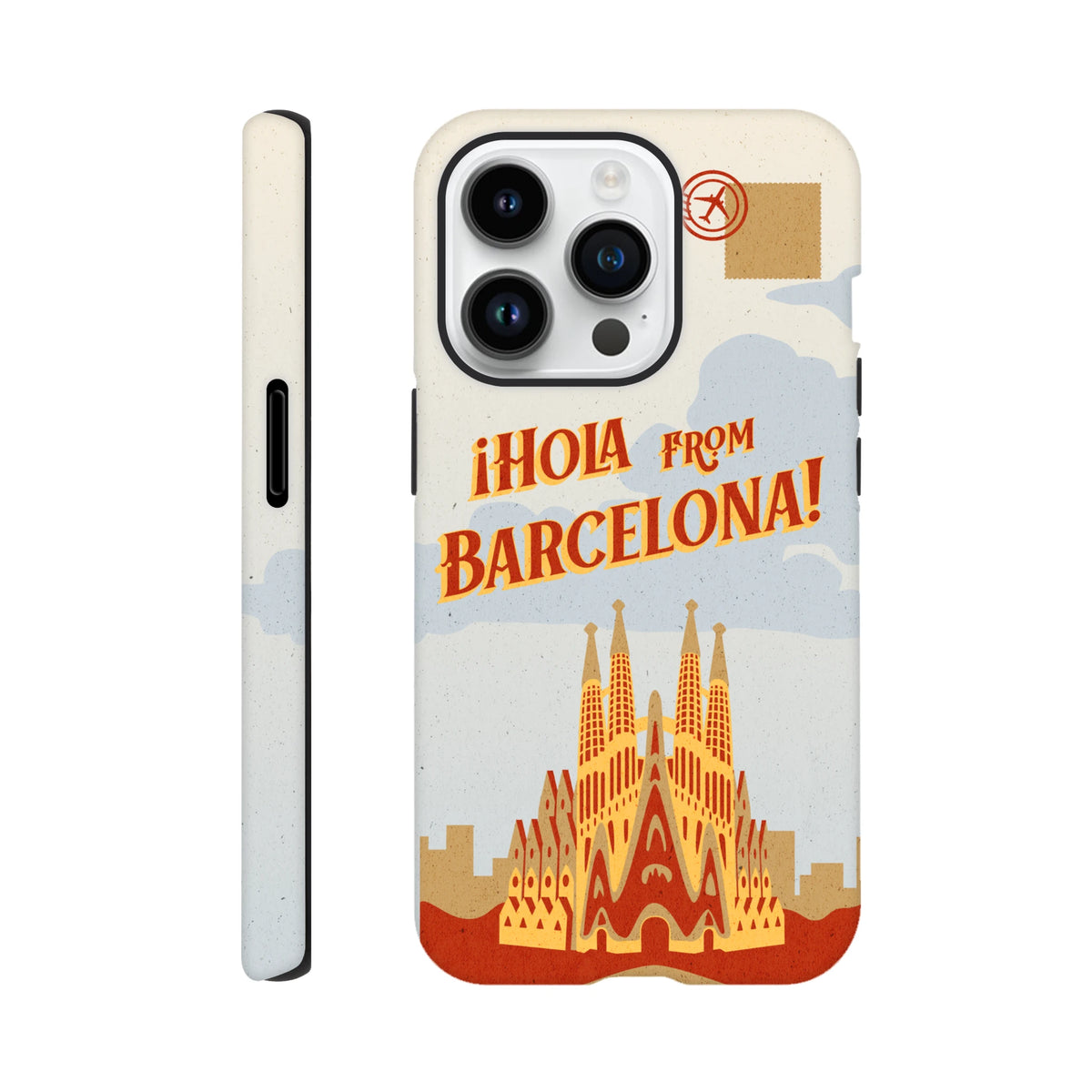 Barcelona travel postcard wraparound case for iPhone 13–16, Spain-inspired.