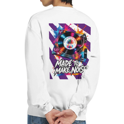 White crewneck sweatshirt featuring a vibrant retro turntable graphic on the back with "Made to Make Noise" text and paint splatter details.