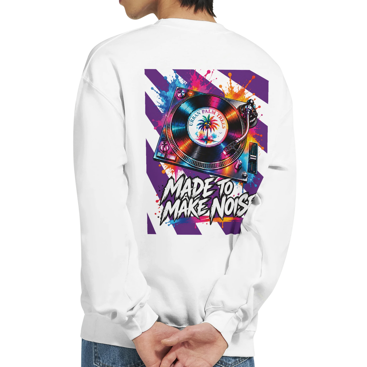 White crewneck sweatshirt featuring a vibrant retro turntable graphic on the back with "Made to Make Noise" text and paint splatter details.