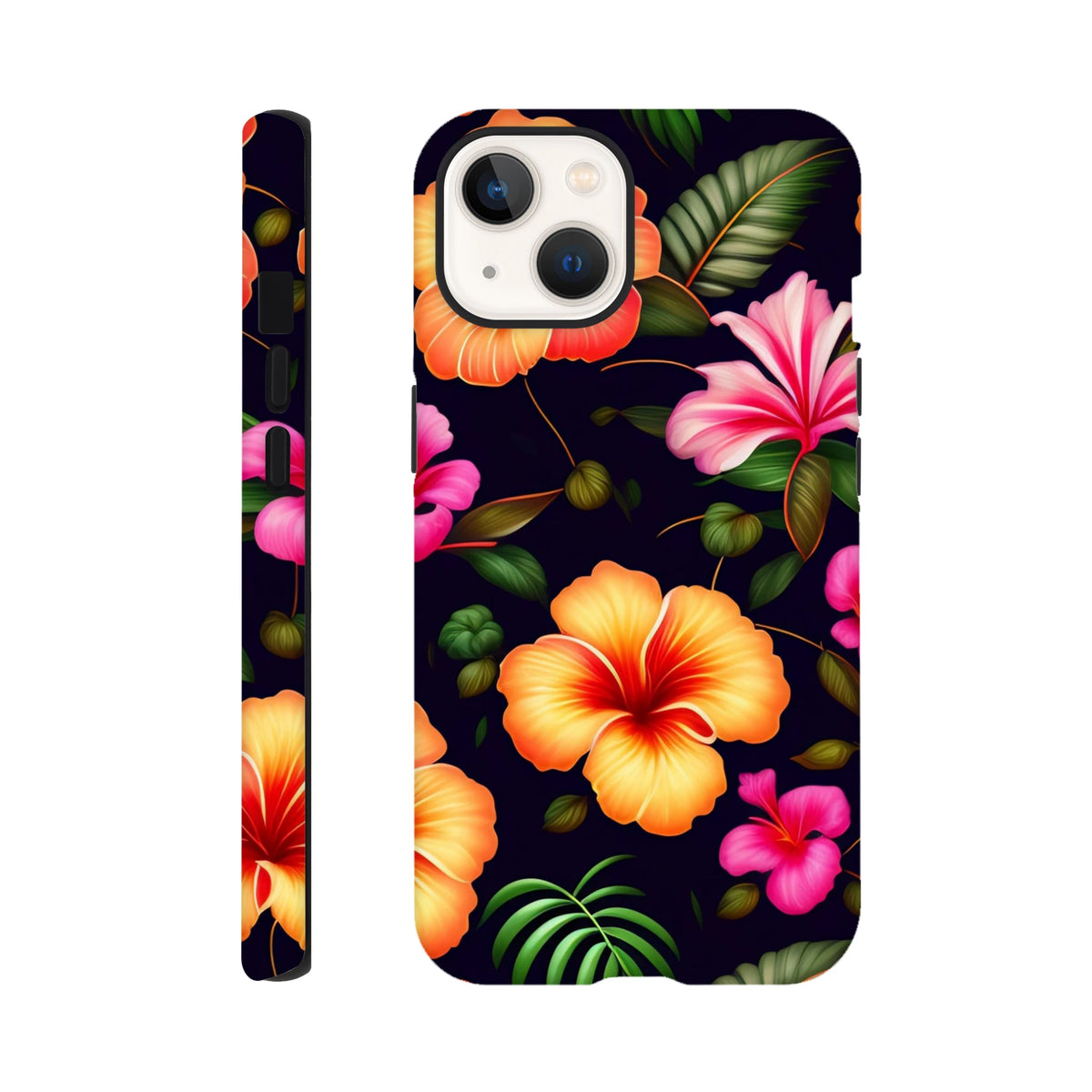 Tropical floral tough iPhone case featuring vibrant orange and pink hibiscus flowers with green leaves on a dark background for shock absorption.