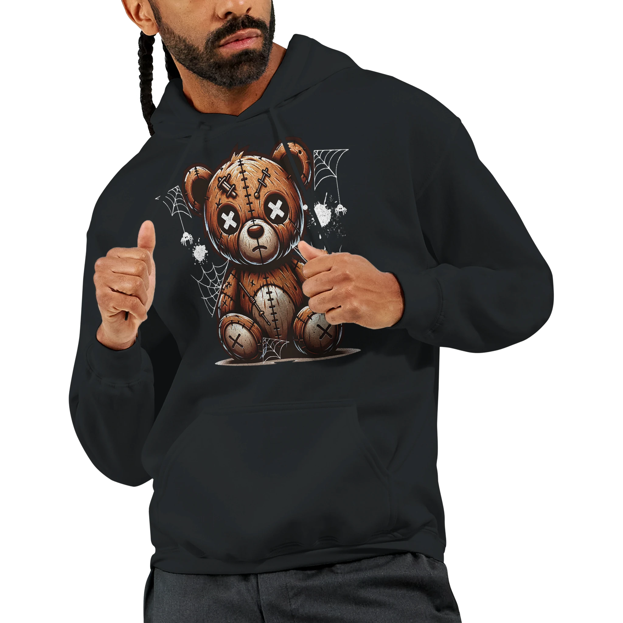 Men's stressed teddy bear hoodie in black with a stitched patch teddy bear graphic, 50/50 cotton-poly blend.