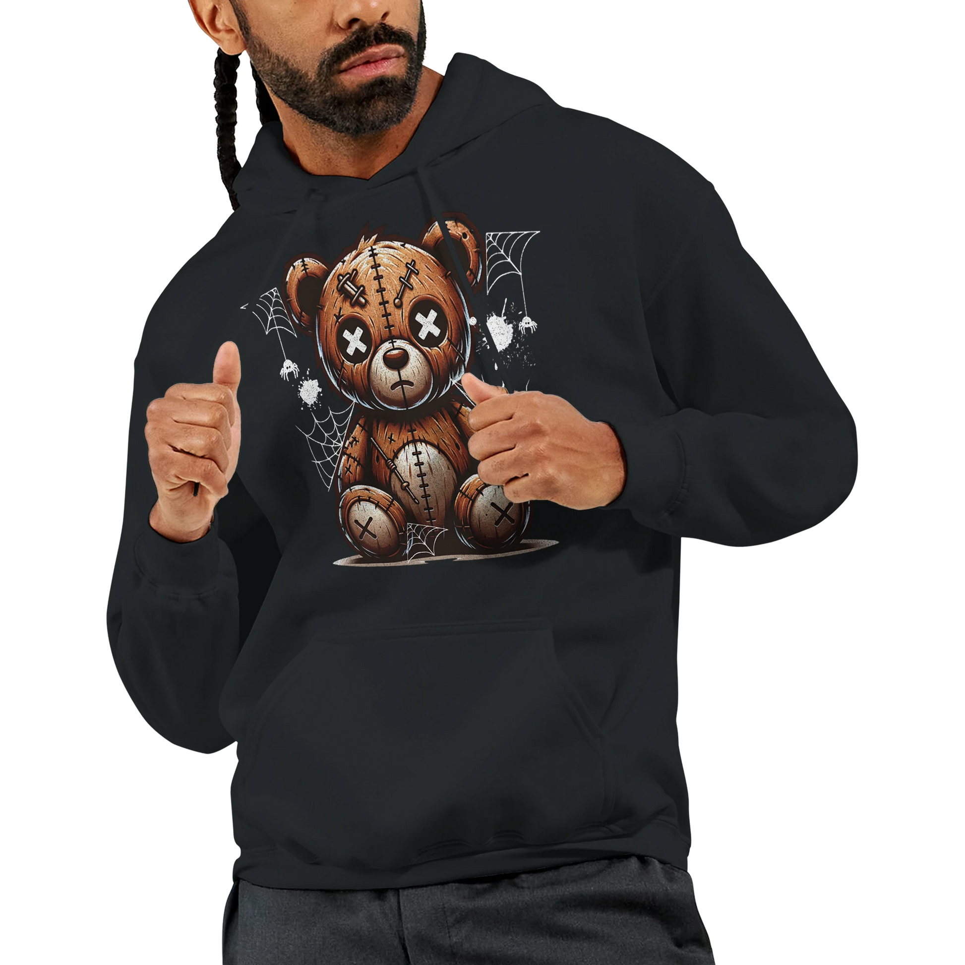 Person wearing a black men's teddy bear hoodie, giving a thumbs-up. 8