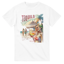 Retro Tequila Sunrise women's tropical holiday tee featuring watercolor beach bar art, palm trees, and a cocktail graphic on white fabric.