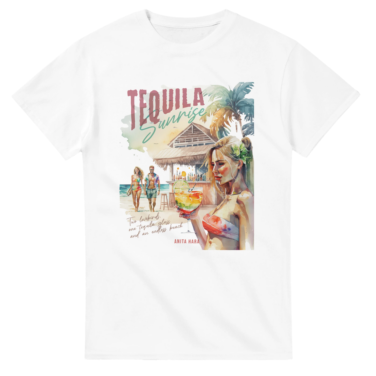 Retro Tequila Sunrise women's tropical holiday tee featuring watercolor beach bar art, palm trees, and a cocktail graphic on white fabric.