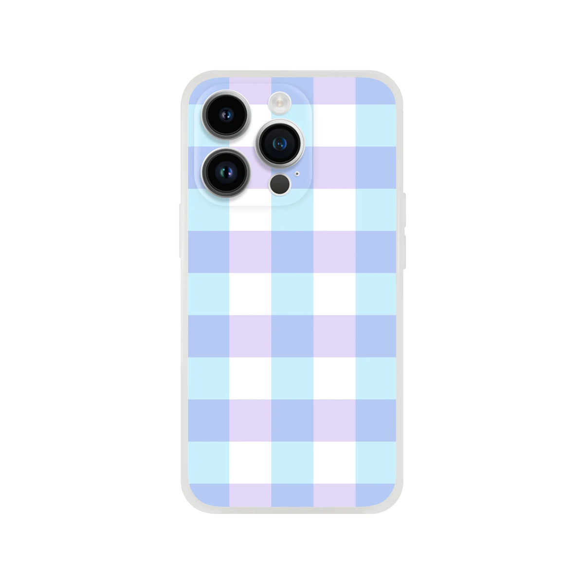 Blue pastel gingham checkered iPhone case for iPhone 13–16 with slim, flexible shell.