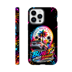 Built Not Bought iPhone case featuring a modified car, colorful Urban Palm Trees sunset graphic, and paint splatter sides.