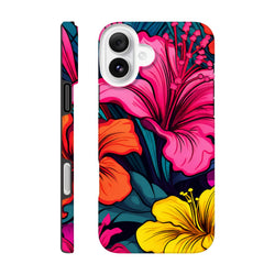 Vibrant tropical hibiscus iPhone case featuring bold pink, orange, and yellow florals with dark teal leaves for protection and street style.