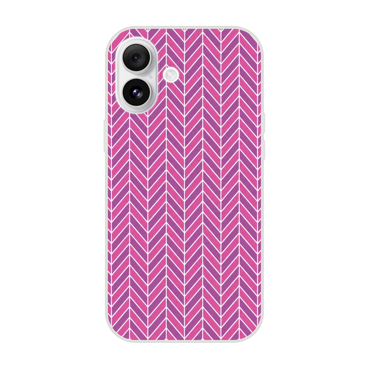 Pink geometric herringbone iPhone case featuring a gradient zigzag pattern in shades of purple and pink with a slim, frosty transparent design.