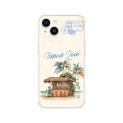 Vintage postcard iPhone case with island holiday scene, palm trees and thatched hut.