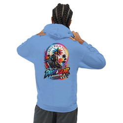 Light blue men's hoodie featuring a colorful back print of a manual gear shifter, palm trees, and "Drop A Gear Disappear" text.