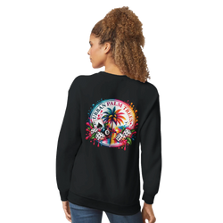 Black sweatshirt featuring a retro back print with a palm tree, 8-ball, dice, and splashed colors in a lucky streetwear design.