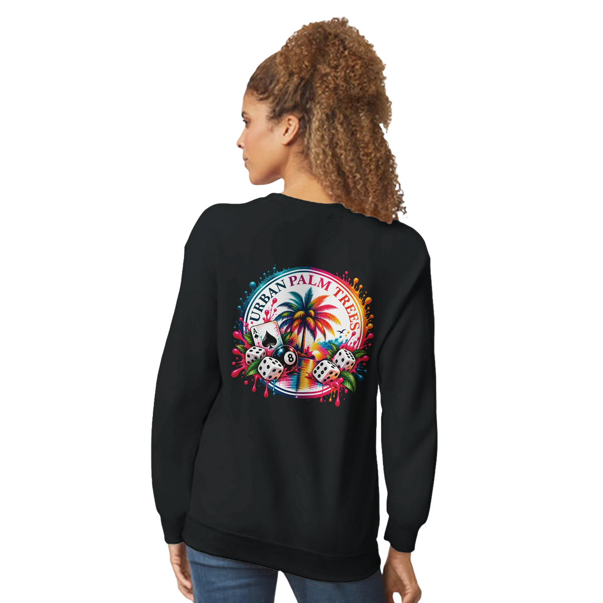 Black sweatshirt featuring a retro back print with a palm tree, 8-ball, dice, and splashed colors in a lucky streetwear design.