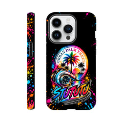 Turbo Petrolhead iPhone case featuring a vibrant turbocharger, palm trees, and colorful paint splatter wraparound design.