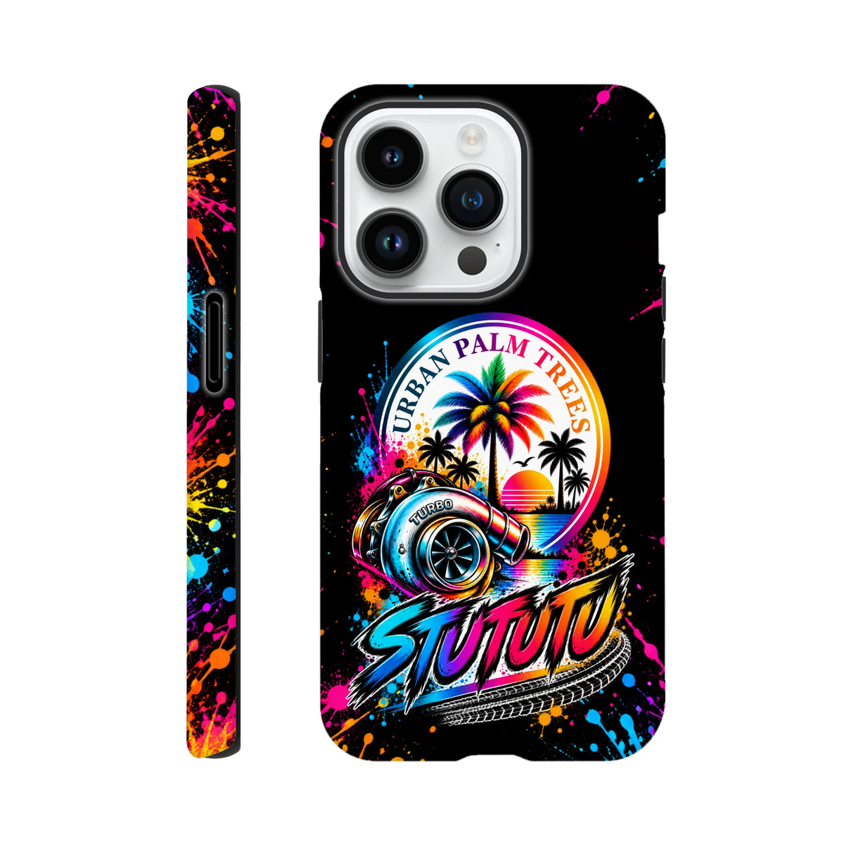 Turbo Petrolhead iPhone case featuring a vibrant turbocharger, palm trees, and colorful paint splatter wraparound design.