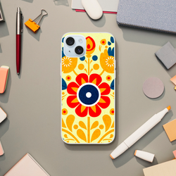 Vintage floral iPhone case for iPhone 13–16 with bold yellow, orange, and blue botanical print and matte finish.