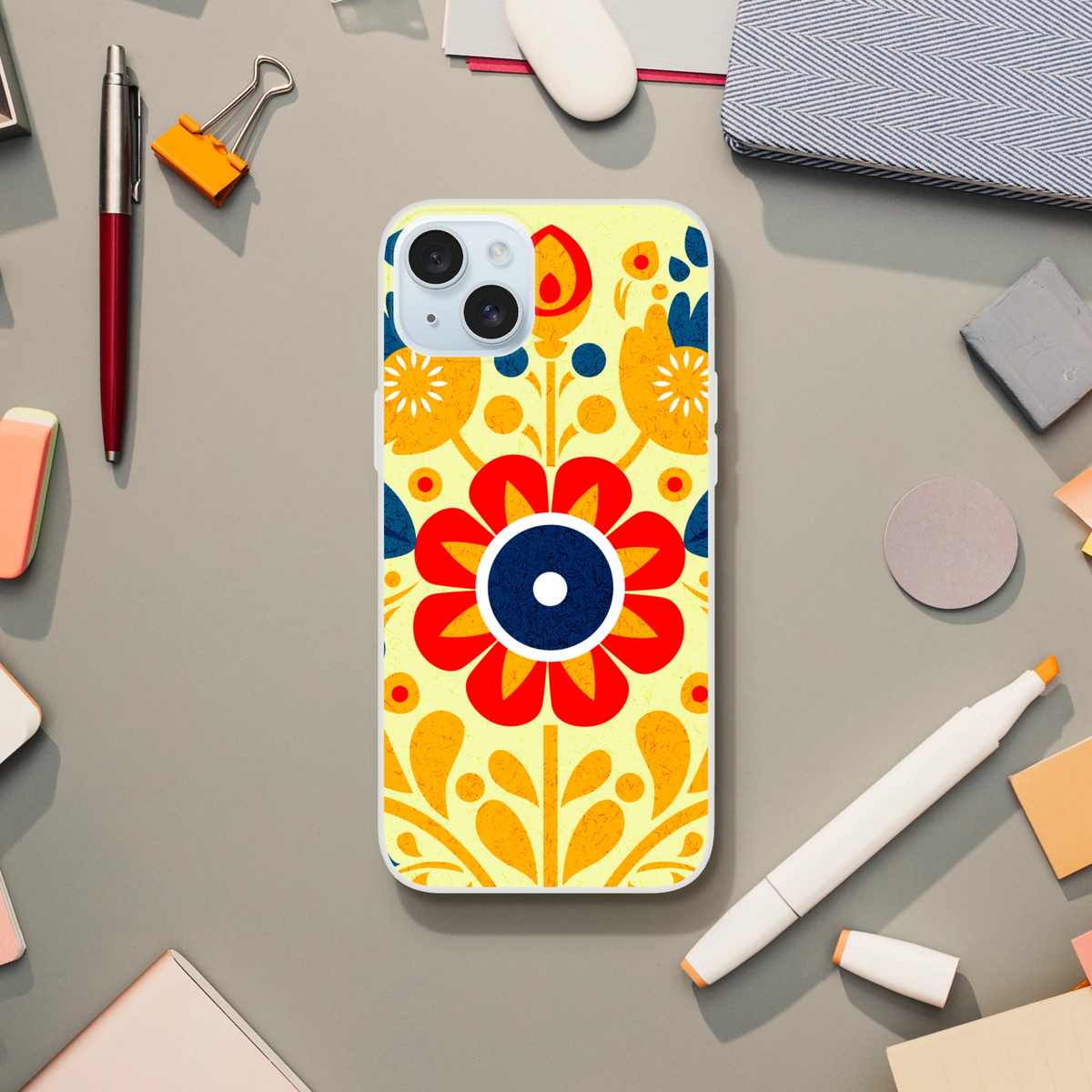 Vintage floral iPhone case for iPhone 13–16 with bold yellow, orange, and blue botanical print and matte finish.