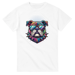 Colorful bulldog graphic wearing sunglasses and a spiked collar on a white women's T-shirt.